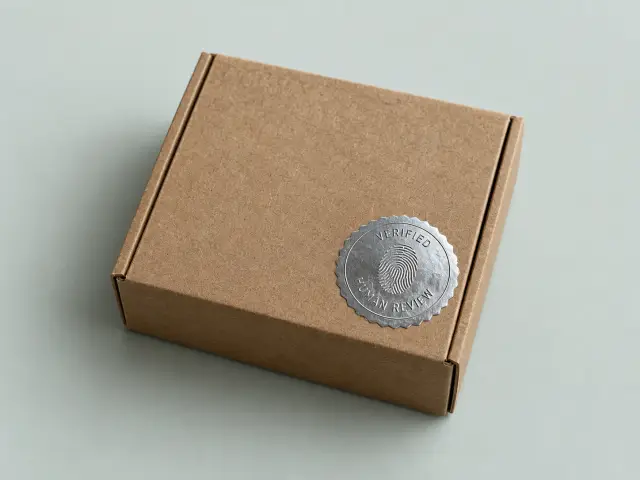 A round silver foil seal on the corner of a cardboard box, reading Verified Human Review.